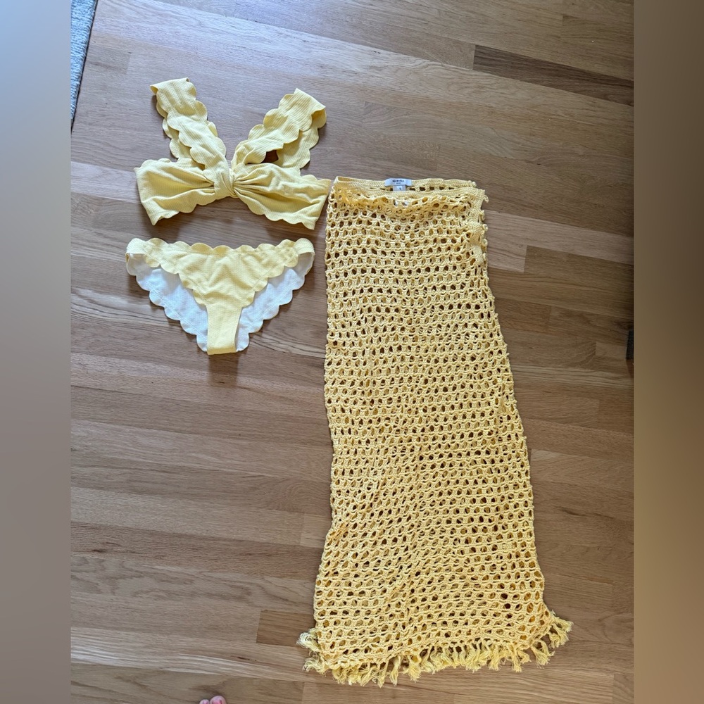 Marysia scallop swimsuit and matching crochet long skirt yellow - size small
